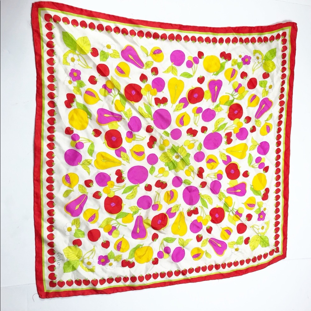 Vintage Echo Strawberry Fruit Print Retro Scarf - Picture 1 of 8